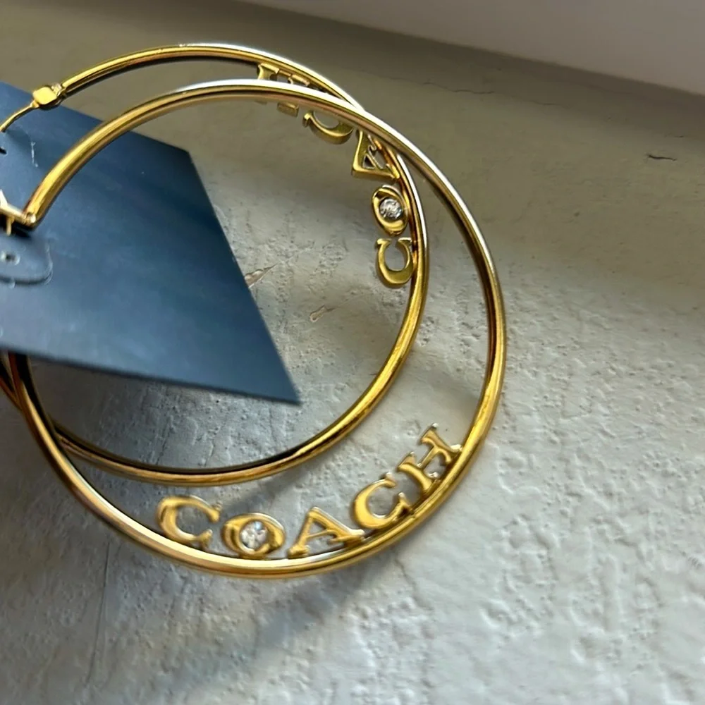New Coach Signature Medium Large Hoop Earrings Gold with Rhinestone - Picture 5 of 10